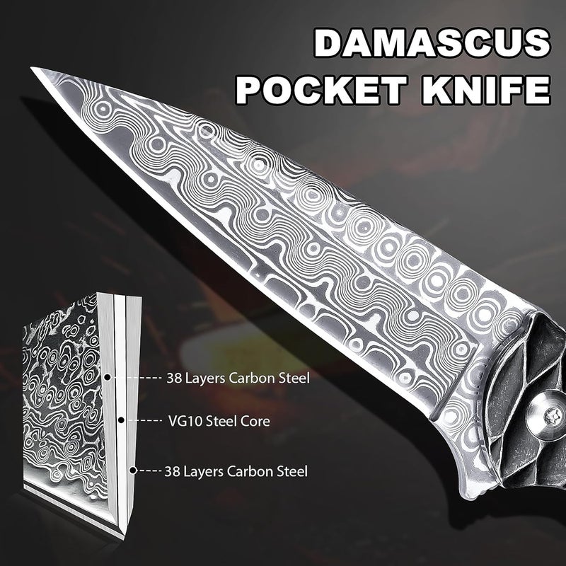 Zingbee Damascus Pocket Knife, 2.87" Damascus Blade Folding Knives with Stainless Steel Handle, EDC Knife for Camping Hiking Hunting Gift - Image 4